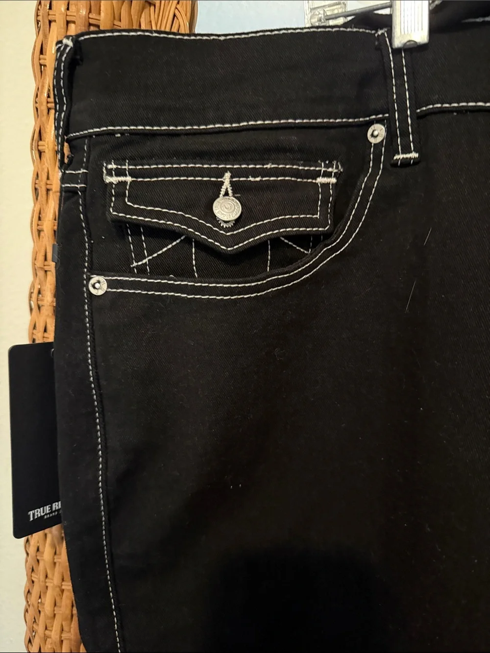 True Religion Black Denim Cutoff Shorts with White Stitching